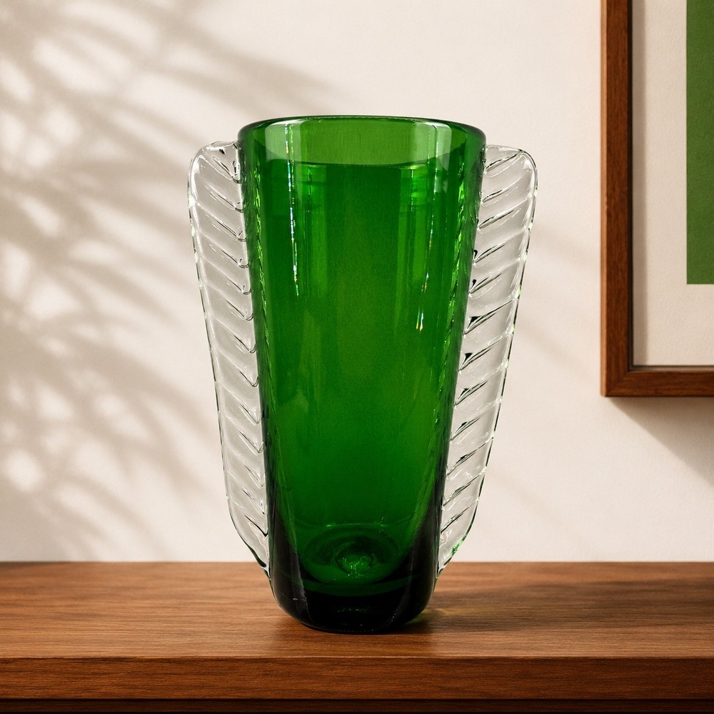 Bischoff Glass Winged Vase No. 515 Emerald Green & Clear MCM
